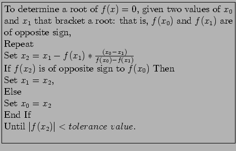 \fbox{\parbox{10cm}{
To determine a root of $f(x) = 0$, given two values of $x_0...
...\\
Set $x_0= x_2$\\
End If\\
Until $\vert f(x_2)\vert<tolerance&nbsp;value$.\\
}}