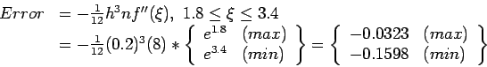 \begin{displaymath}
\begin{array}{rl}
Error&=-\frac{1}{12}h^3nf''(\xi),&nbsp;1.8\leq\...
...0323&(max)\\
-0.1598&(min)\\
\end{array}\right \}
\end{array}\end{displaymath}