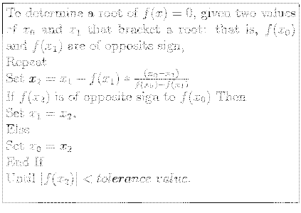 \fbox{\parbox{9cm}{
To determine a root of $f(x) = 0$, given two values of $x_0$...
...\\
Set $x_0= x_2$\\
End If\\
Until $\vert f(x_2)\vert<tolerance&nbsp;value$.\\
}}