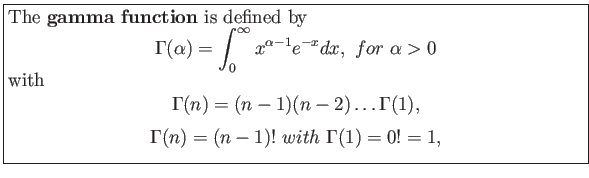 \fbox{\parbox{5in}{
The \textbf{gamma function} is defined by
\begin{displaymath...
...h}\begin{displaymath}
\Gamma(n)=(n-1)!&nbsp;with&nbsp;\Gamma(1)=0!=1,
\end{displaymath}}}